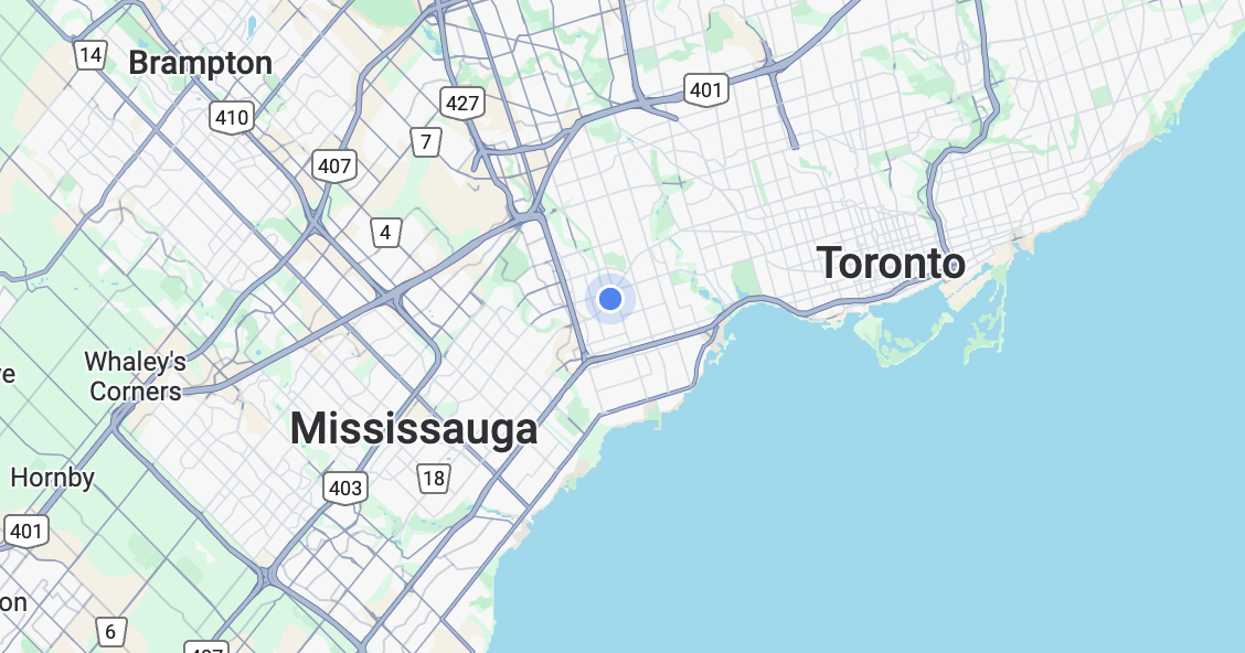 Map showing Etobicoke, Mississauga, Toronto
